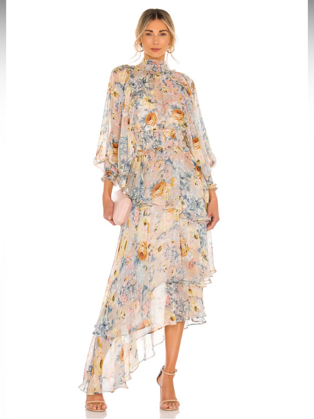 Elliatt Pastel Floral High-Neck Ruffle High-Low Dress